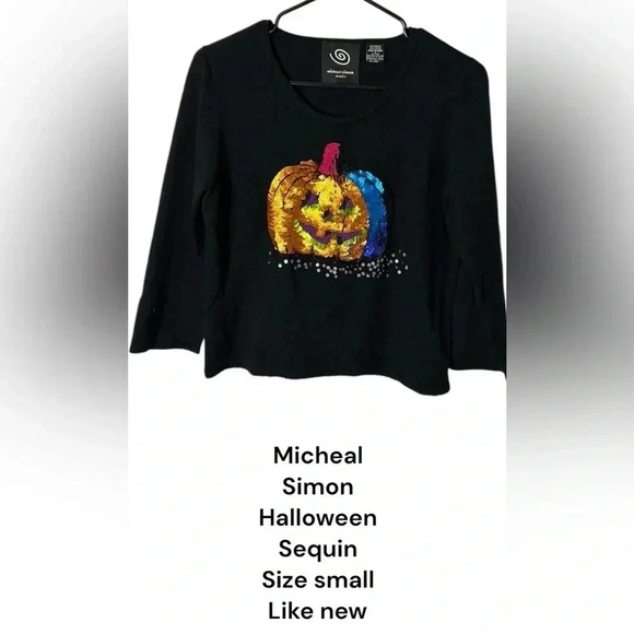 Y2K Michael Simon sweater,Halloween pumpkin sequins, 2004,  PTP 17.5-20”, EC, - Picture 1 of 17